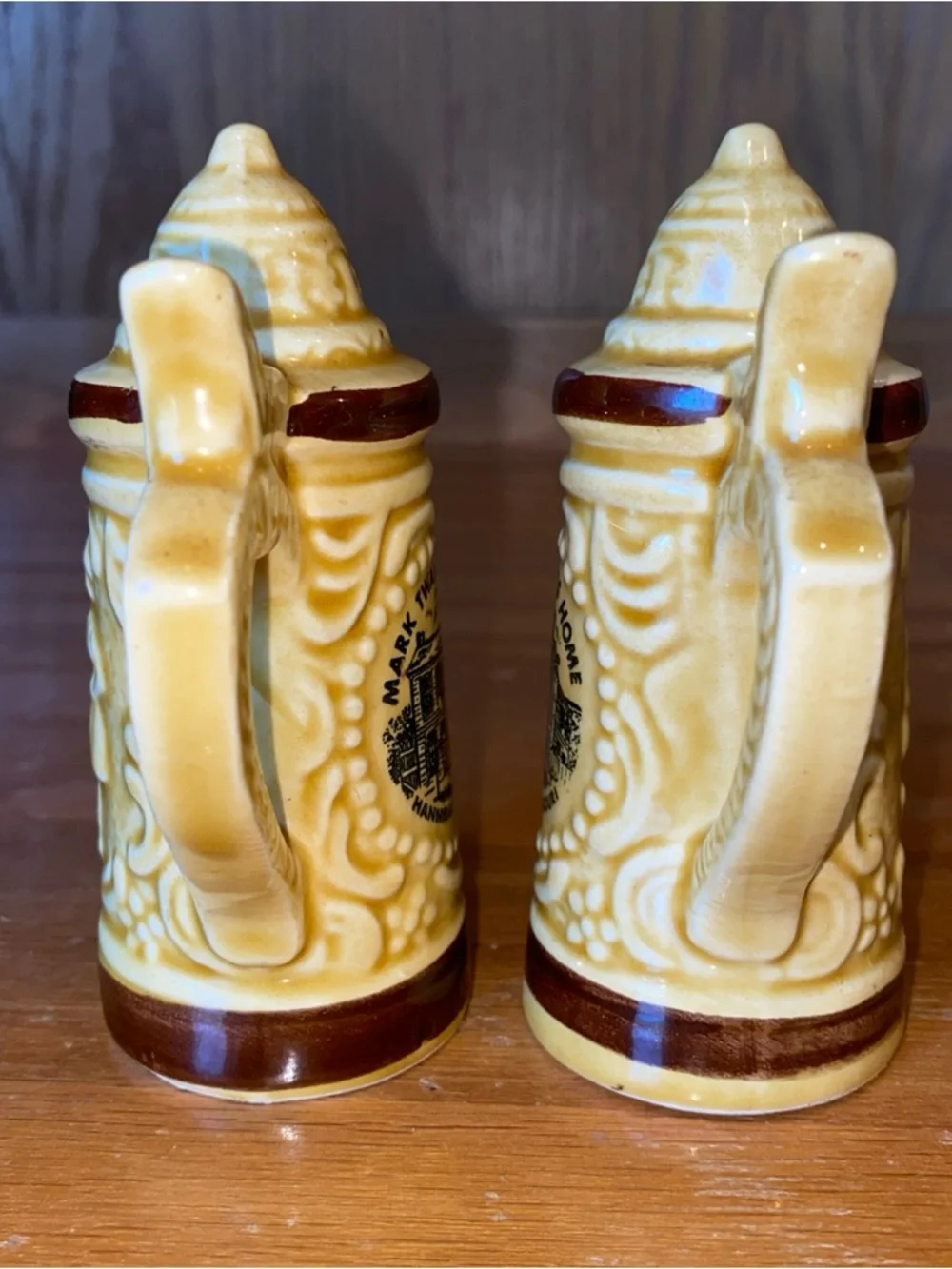 Ceramic Beer Stein Salt & Pepper Shakers Handles Mark Twain’s House Hannibal MO